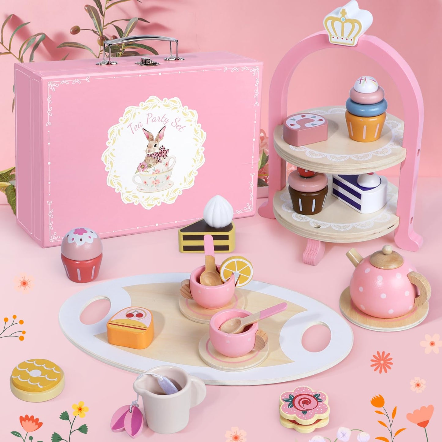 Tea Party Set for Little Girls, 49PCS Princess Tea Time Toys Including Tea Set Dessert Carrying Case, Kids Kitchen Pretend Playset, Tea Set for Girls Birthday Toddler Age 3-8, Pink