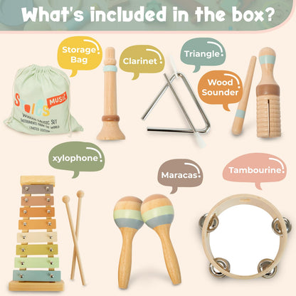 Stoie's Wooden Kids Musical Instruments for 3-9 Years Old, with Drum, Hand Bells, Flute, Maracas, Castanet, Tamburine, for Babies and Toddlers, Durable, Safe, Montessori Educational Toy, Storage Bag