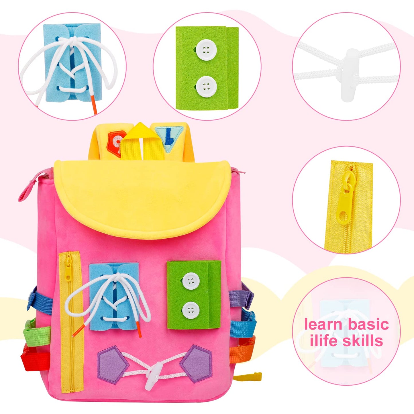 Busy Board - Toddler Backpack with Buckles and Learning Activity Toys - Develop Fine Motor Skills and Basic Life Skills - Learn to Tie Shoes - Children's Travel Toy