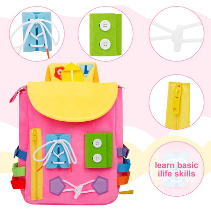 Busy Board - Toddler Backpack with Buckles and Learning Activity Toys - Develop Fine Motor Skills and Basic Life Skills - Learn to Tie Shoes - Children's Travel Toy