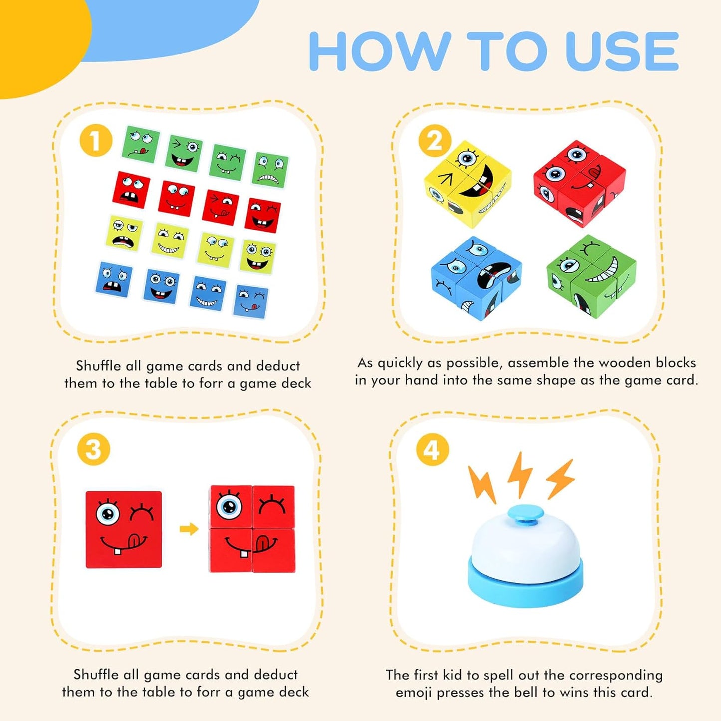Wooden Face Changing Magic Cube Game | 64 Cards, 16 Blocks, 1 Bell
