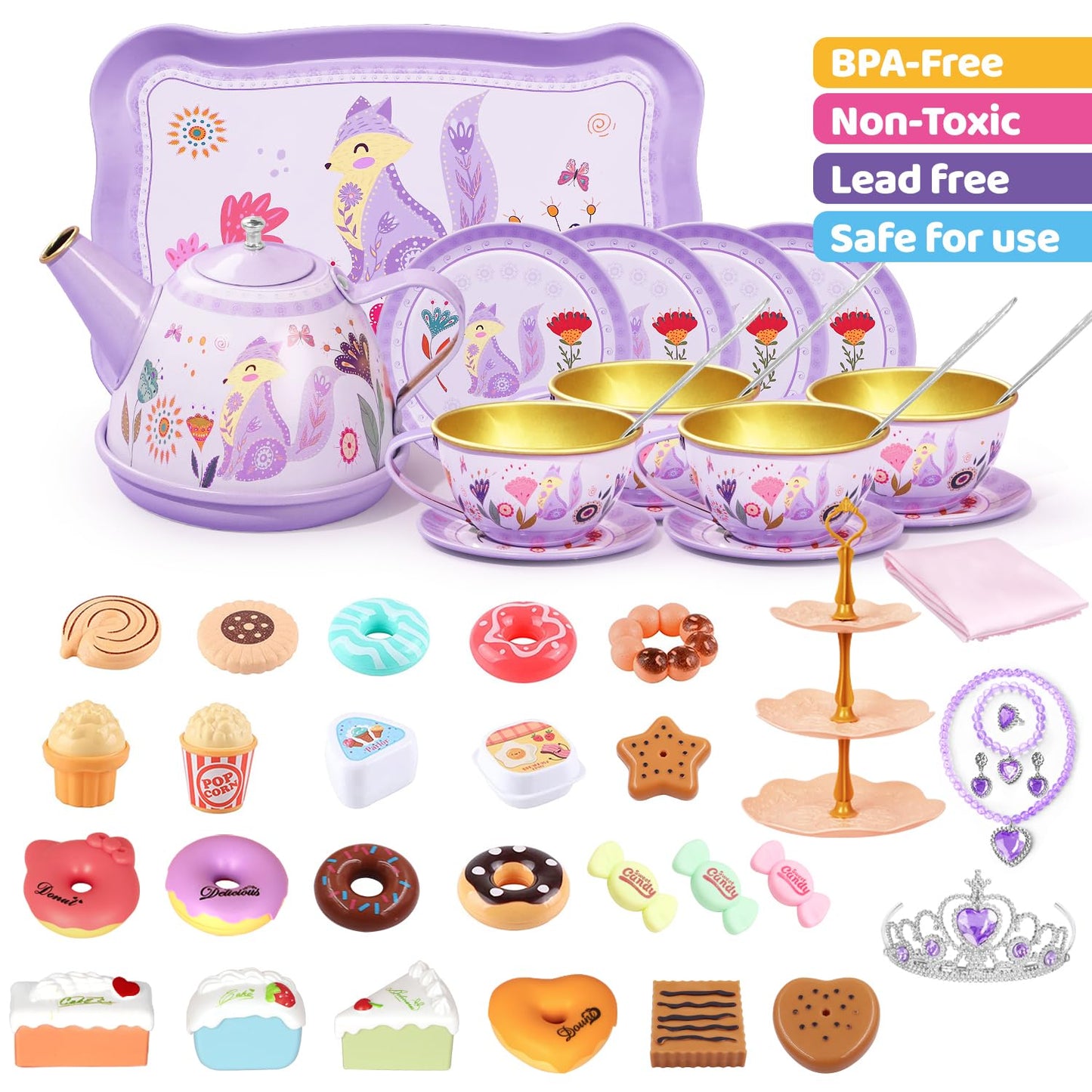 Tea Party Set for Little Girls, 49PCS Princess Tea Time Toys Including Tea Set Dessert Carrying Case, Kids Kitchen Pretend Playset, Tea Set for Girls Birthday Toddler Age 3-8, Pink