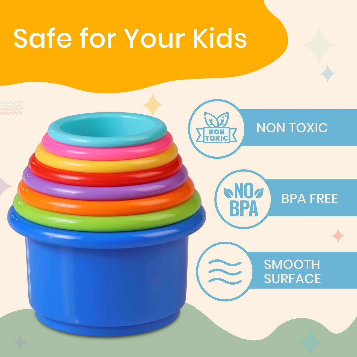 Stacking Cups Baby Toy Educational Cup Stacking Set 8-Pc Stackable Cups with Number Rainbow Nesting Cups for Babies 6-12 Months Stacking Cups for Toddlers 1-3 Perfect for Indoor/Outdoor