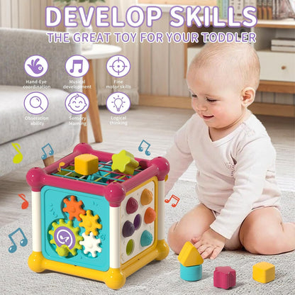 Baby Activity Cube, 6-in-1 Montessori Toys for 1-2 Year Old Boys and Girls, Multi Sensory Shape Blocks, Travel Music Toys for Toddlers 1-3