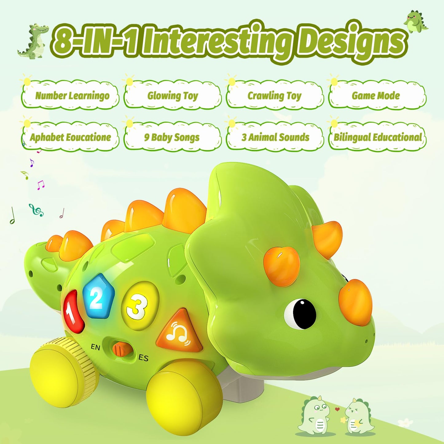 Baby Toys for 1 Year Old Boy Girl - Bilingual Musical Dinosaur Toy, Touch & Go Musical Light Crawling Educational Learning Toys for Toddlers 1-3, Christmas Birthday Gifts