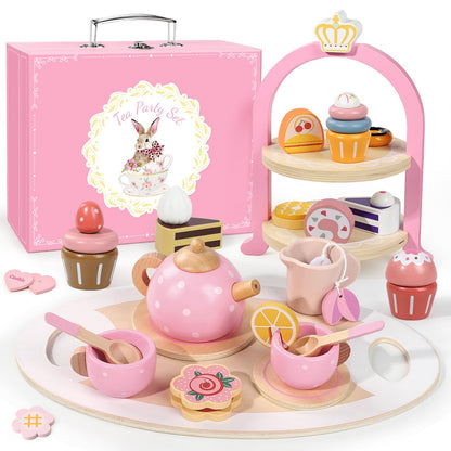 Tea Party Set for Little Girls, 49PCS Princess Tea Time Toys Including Tea Set Dessert Carrying Case, Kids Kitchen Pretend Playset, Tea Set for Girls Birthday Toddler Age 3-8, Pink