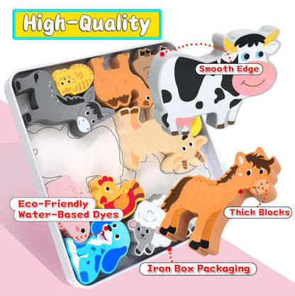 Wooden Animal Puzzles Toys for Toddlers,24 Pcs Farm and Safari Animal Figures,Animal Matching Sorting Stacking Toys for Boys Child Girls,Educational Learning Toys Gift for Kids