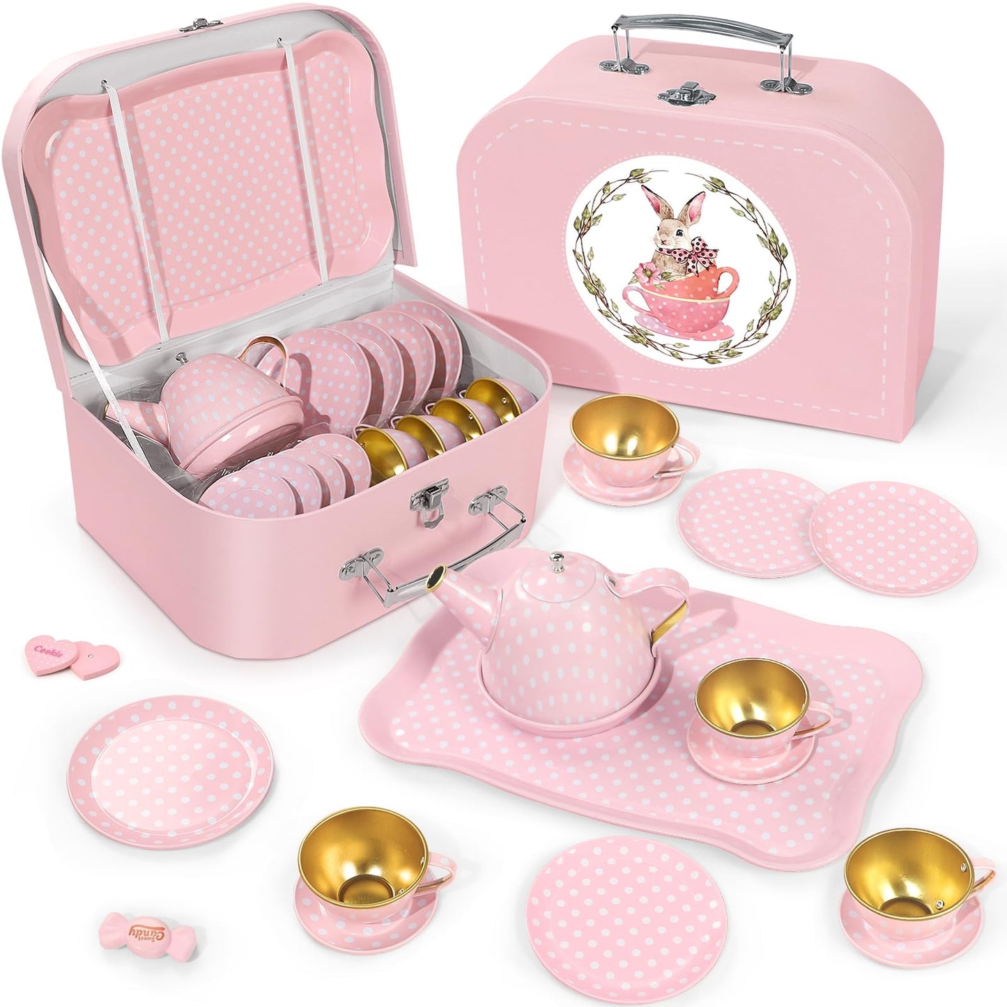 Tea Party Set for Little Girls, 49PCS Princess Tea Time Toys Including Tea Set Dessert Carrying Case, Kids Kitchen Pretend Playset, Tea Set for Girls Birthday Toddler Age 3-8, Pink