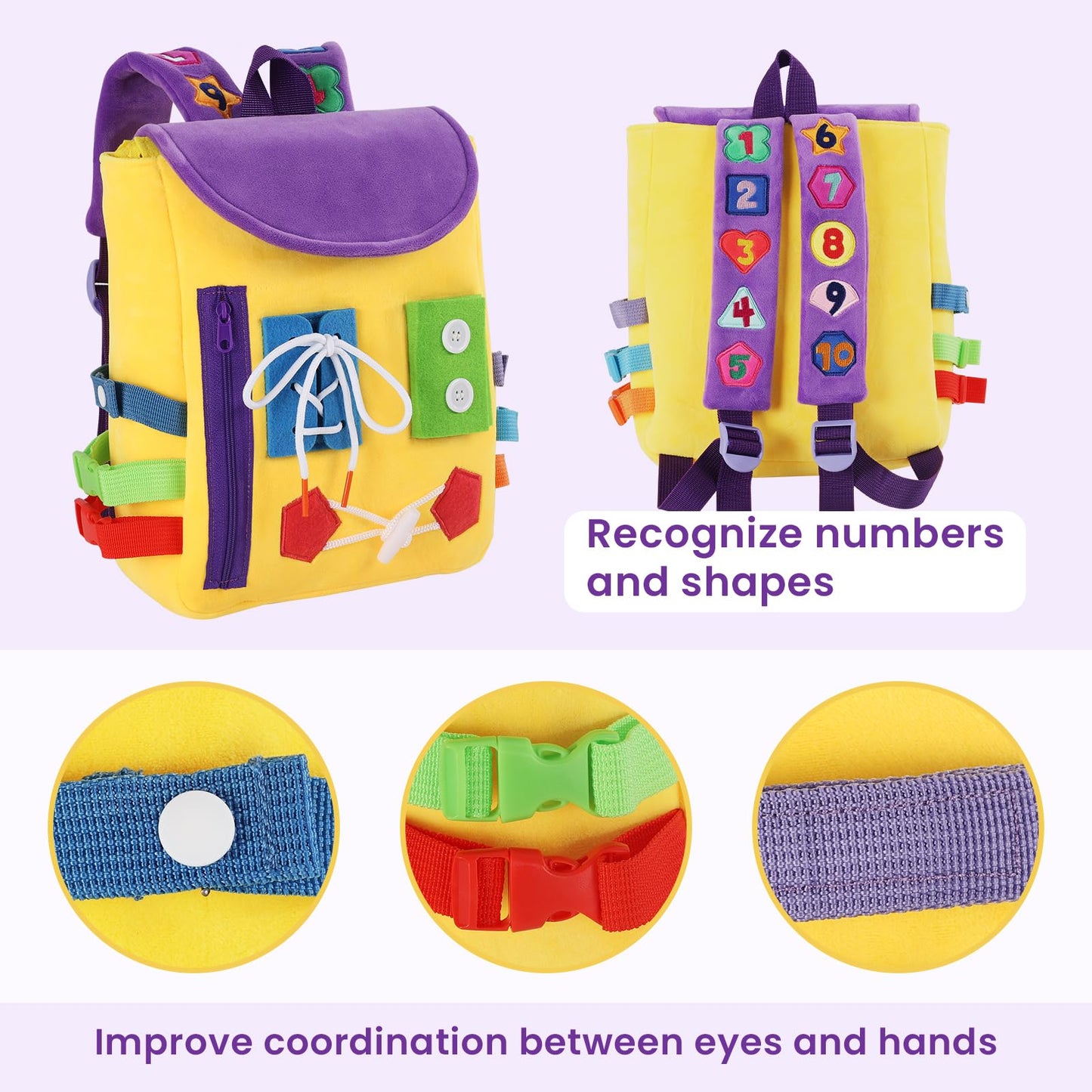 Busy Board - Toddler Backpack with Buckles and Learning Activity Toys - Develop Fine Motor Skills and Basic Life Skills - Learn to Tie Shoes - Children's Travel Toy