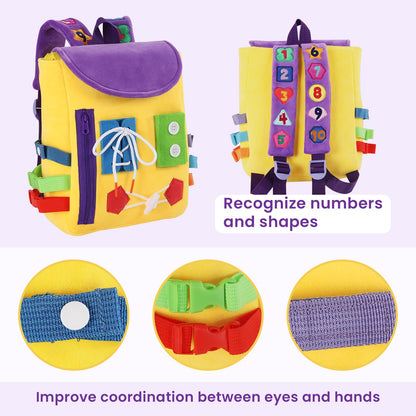 Busy Board - Toddler Backpack with Buckles and Learning Activity Toys - Develop Fine Motor Skills and Basic Life Skills - Learn to Tie Shoes - Children's Travel Toy