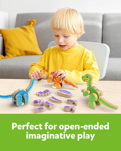 Coogam Build Your Own Dinosaurs Toy, Snap Together Building Dinosaurs Playset, Wooden STEM Take Apart Dinosaur Builder, Montessoi Fine Motor Building Toy Gift for 3 4 5 Years Old Kids