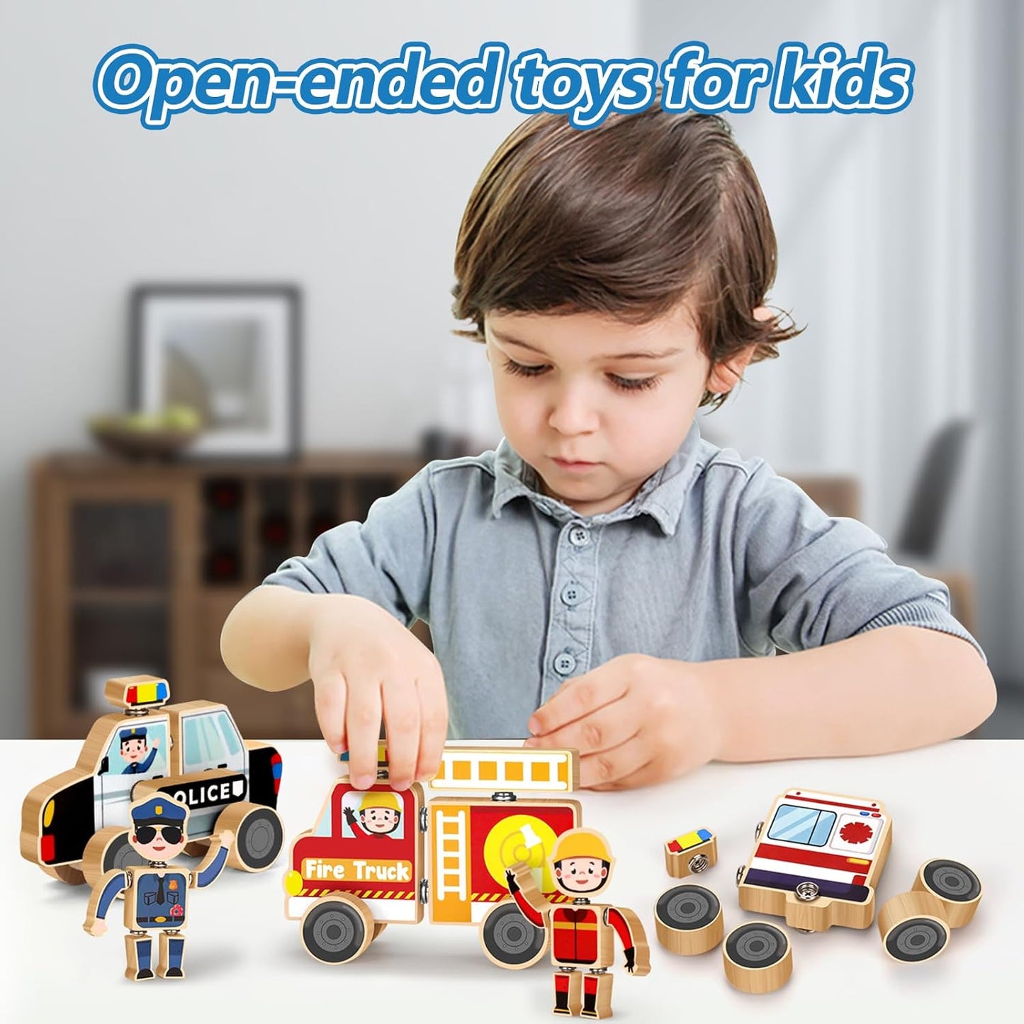 Wooden Emergency Vehicles Snap & Take-Apart STEM Toys for Kids Ages 3-6 | 41Pcs Building Blocks with Firetruck, Police Car & Ambulance | Montessori Fine Motor Skills Gift for Toddlers Boys Girls