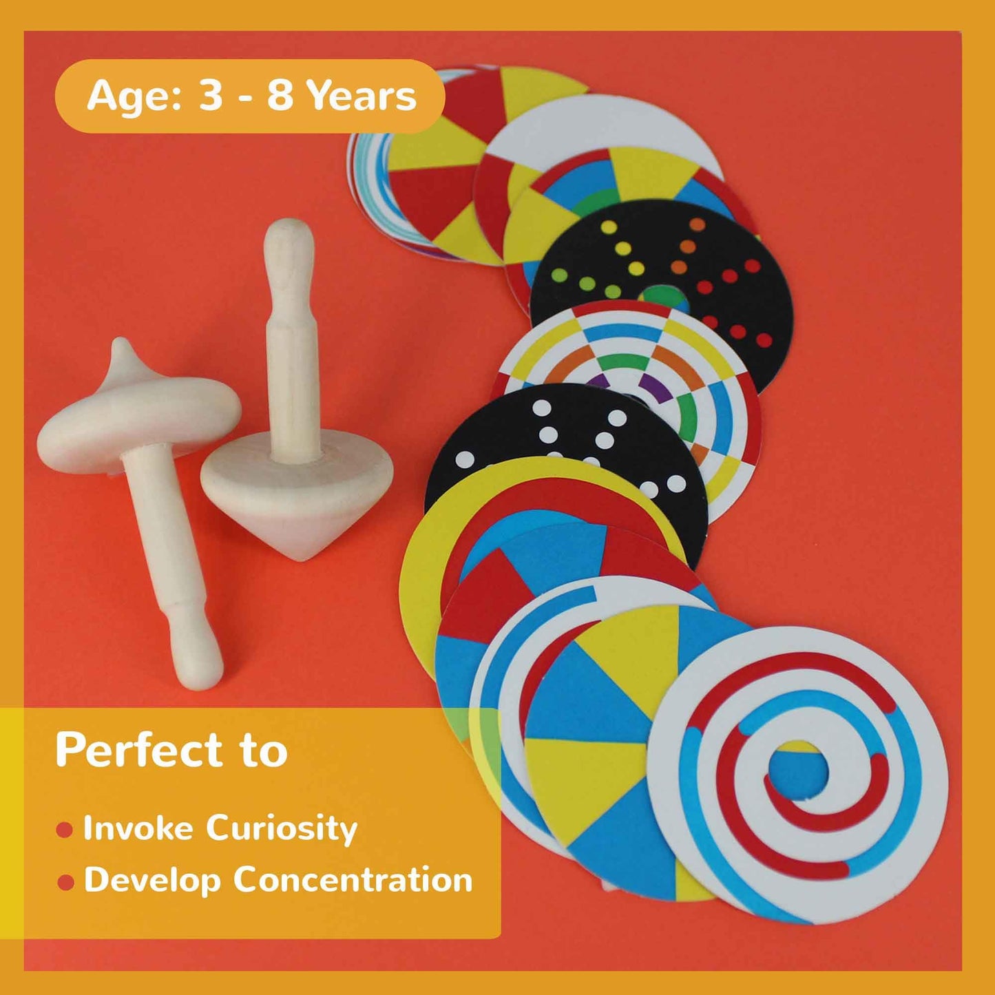 Shumee Spinning Tops for Kids 2 3 4 5+ Year Old, Set of 3 Wooden Montessori Toys, Improves Hand Eye Coordination, Great for Sensory Play, Eco-Friendly 100% Child Safe (Red/Blue/Yellow)