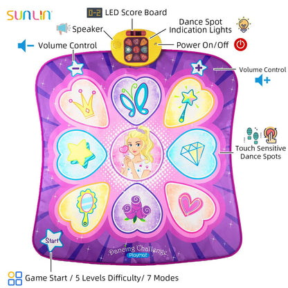 SUNLIN Dance Mat - Dance Mixer Rhythm Step Play Mat - Dance Game Toy Gift for Kids Girls Boys - Dance Pad with LED Lights, Adjustable Volume, Built-in Music, 3 Challenge Levels (3-12 Years Old)