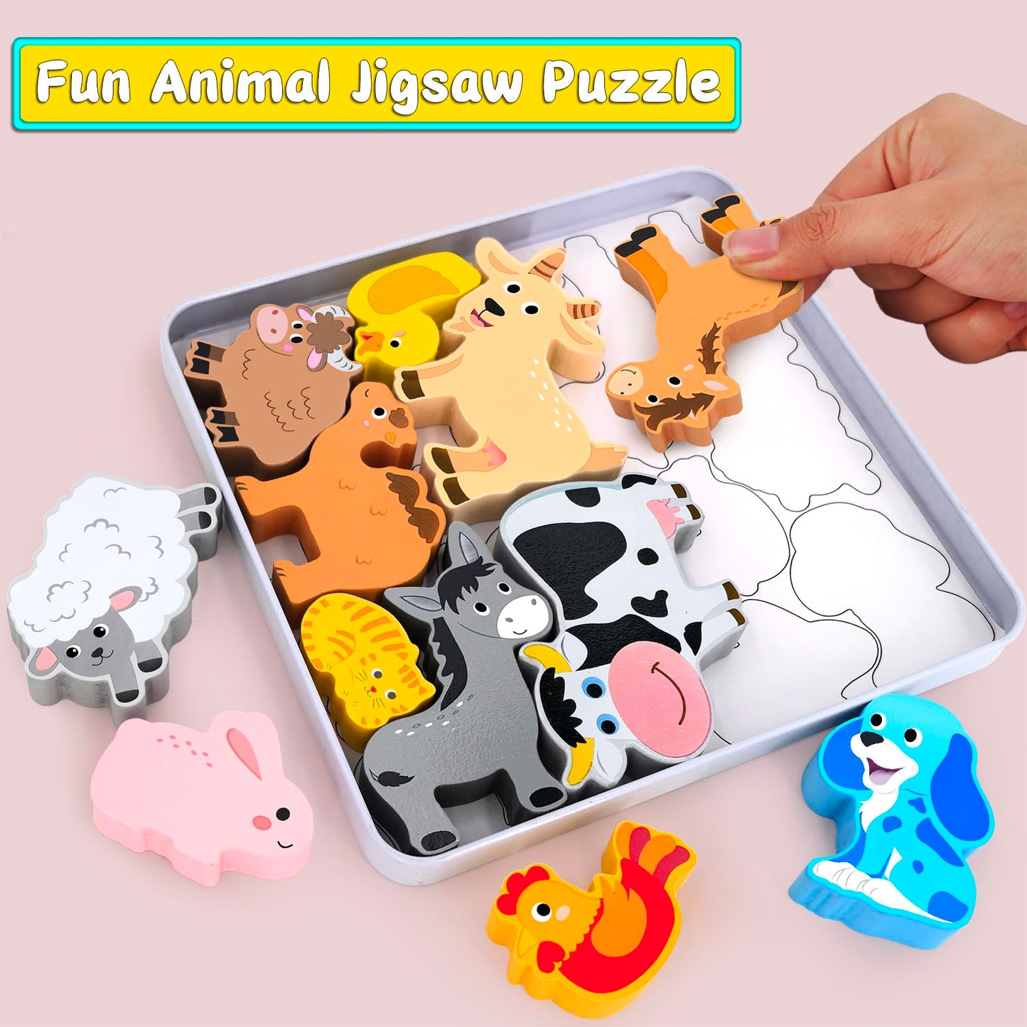 Wooden Animal Puzzles Toys for Toddlers,24 Pcs Farm and Safari Animal Figures,Animal Matching Sorting Stacking Toys for Boys Child Girls,Educational Learning Toys Gift for Kids
