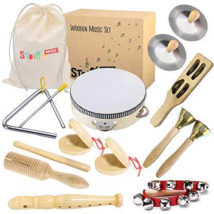 Stoie's Wooden Kids Musical Instruments for 3-9 Years Old, with Drum, Hand Bells, Flute, Maracas, Castanet, Tamburine, for Babies and Toddlers, Durable, Safe, Montessori Educational Toy, Storage Bag