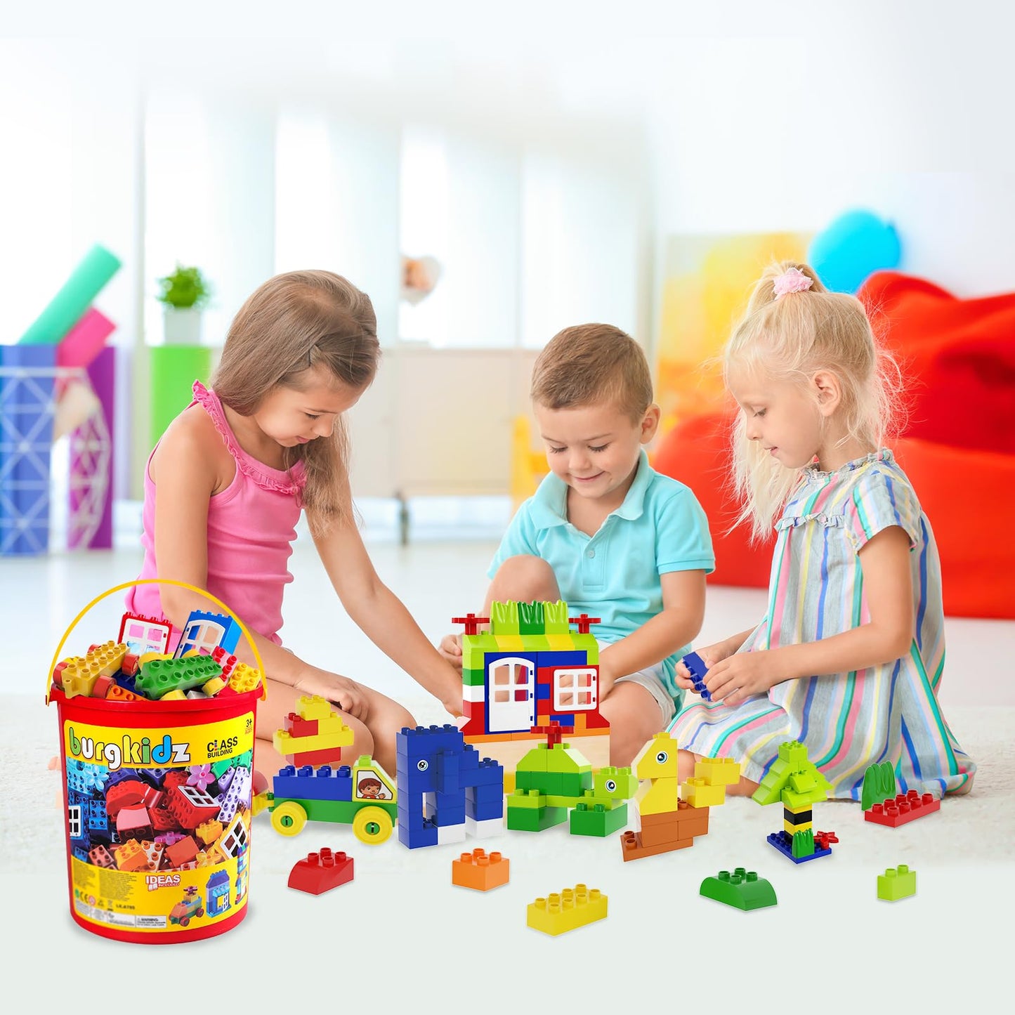 burgkidz Educational Toy Classic Big Size Bricks Building Blocks, Large Compatible Animal Building Bricks with Reusable Storage Bucket Gift for Boy Girl Ages 3+