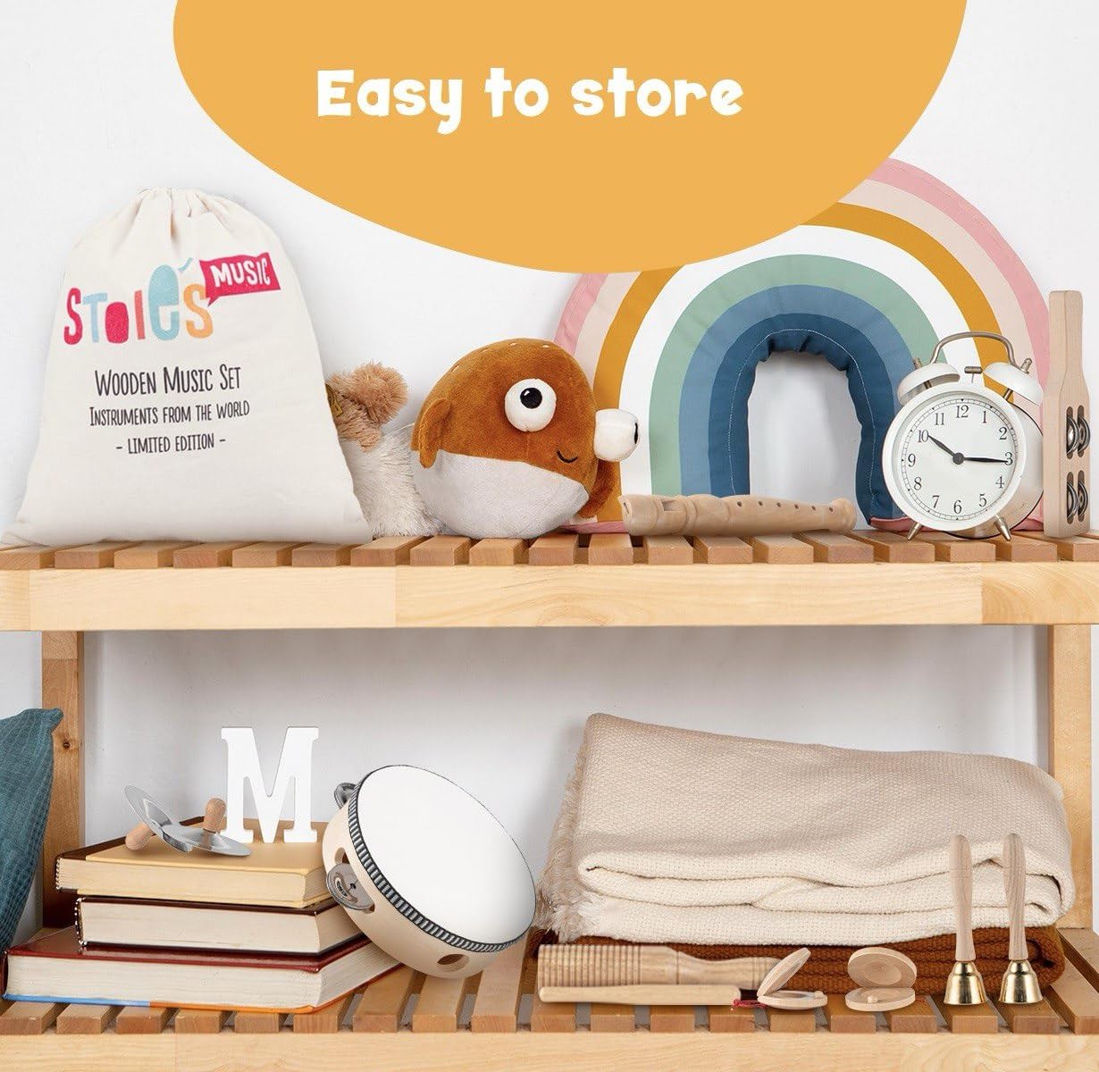 Stoie's Wooden Kids Musical Instruments for 3-9 Years Old, with Drum, Hand Bells, Flute, Maracas, Castanet, Tamburine, for Babies and Toddlers, Durable, Safe, Montessori Educational Toy, Storage Bag