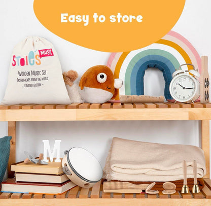 Stoie's Wooden Kids Musical Instruments for 3-9 Years Old, with Drum, Hand Bells, Flute, Maracas, Castanet, Tamburine, for Babies and Toddlers, Durable, Safe, Montessori Educational Toy, Storage Bag