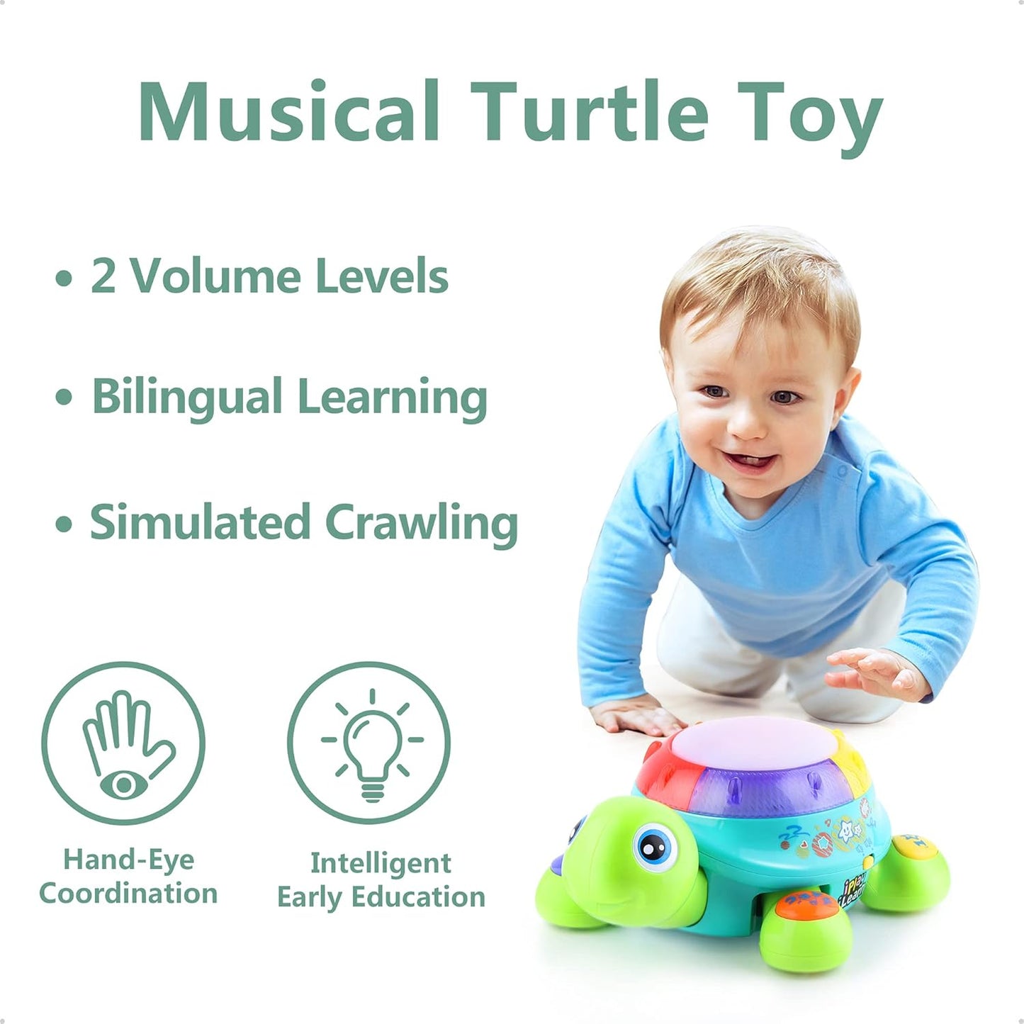 iPlay, iLearn Baby Musical Turtle Toy, Spanish English Bilingual Learning, Toddler Crawling Toys W/ Light & Sound, Infant Development Educational Birthday Gifts 6 7 8 9 10 12 Month 1 Year Old Boy Girl