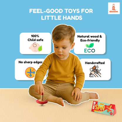 Shumee Spinning Tops for Kids 2 3 4 5+ Year Old, Set of 3 Wooden Montessori Toys, Improves Hand Eye Coordination, Great for Sensory Play, Eco-Friendly 100% Child Safe (Red/Blue/Yellow)