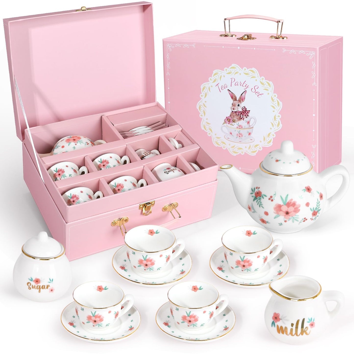 Tea Party Set for Little Girls, 49PCS Princess Tea Time Toys Including Tea Set Dessert Carrying Case, Kids Kitchen Pretend Playset, Tea Set for Girls Birthday Toddler Age 3-8, Pink