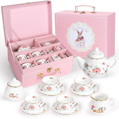 Tea Party Set for Little Girls, 49PCS Princess Tea Time Toys Including Tea Set Dessert Carrying Case, Kids Kitchen Pretend Playset, Tea Set for Girls Birthday Toddler Age 3-8, Pink