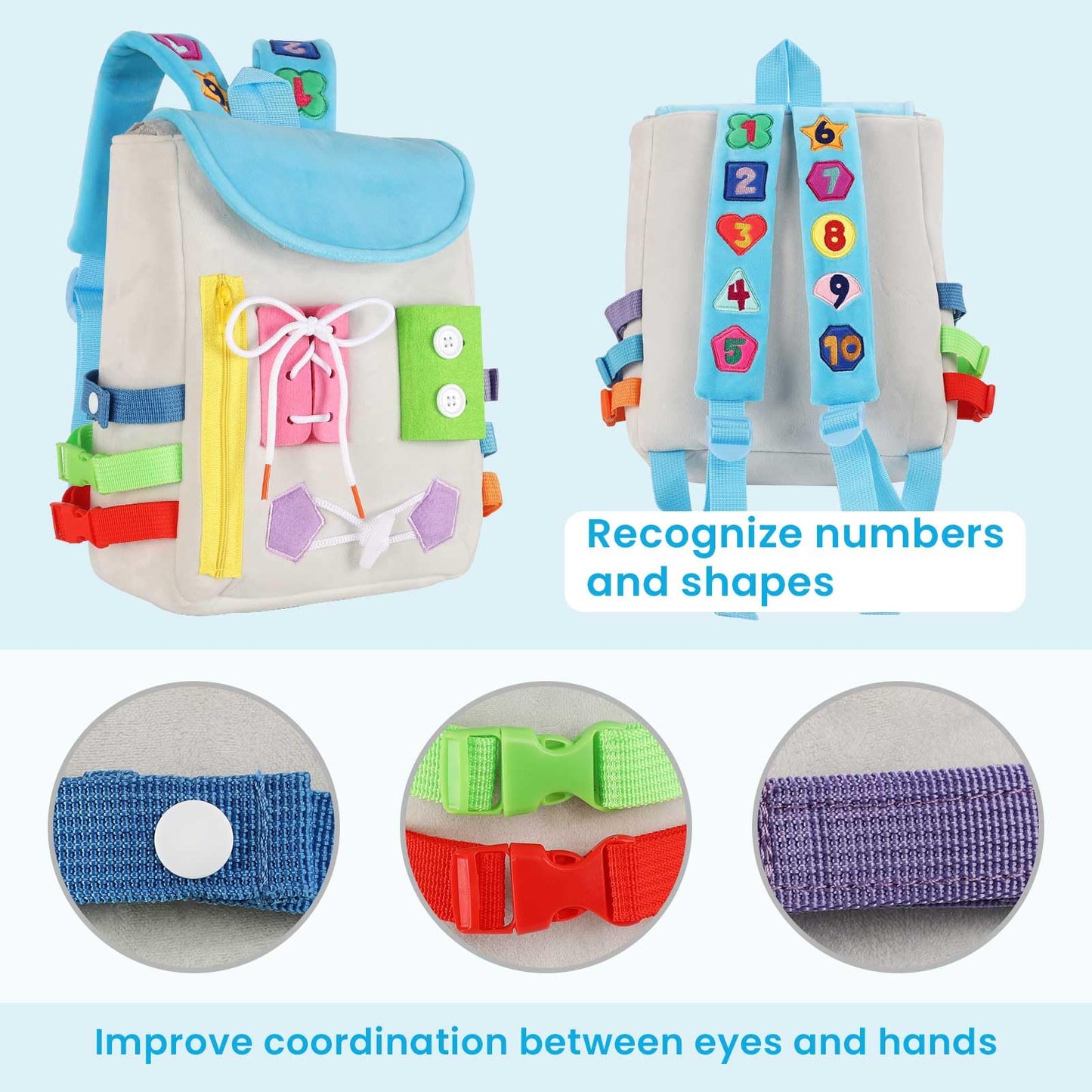 Busy Board - Toddler Backpack with Buckles and Learning Activity Toys - Develop Fine Motor Skills and Basic Life Skills - Learn to Tie Shoes - Children's Travel Toy