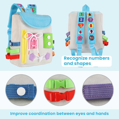 Busy Board - Toddler Backpack with Buckles and Learning Activity Toys - Develop Fine Motor Skills and Basic Life Skills - Learn to Tie Shoes - Children's Travel Toy