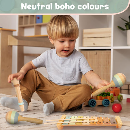 Stoie's Wooden Kids Musical Instruments for 3-9 Years Old, with Drum, Hand Bells, Flute, Maracas, Castanet, Tamburine, for Babies and Toddlers, Durable, Safe, Montessori Educational Toy, Storage Bag
