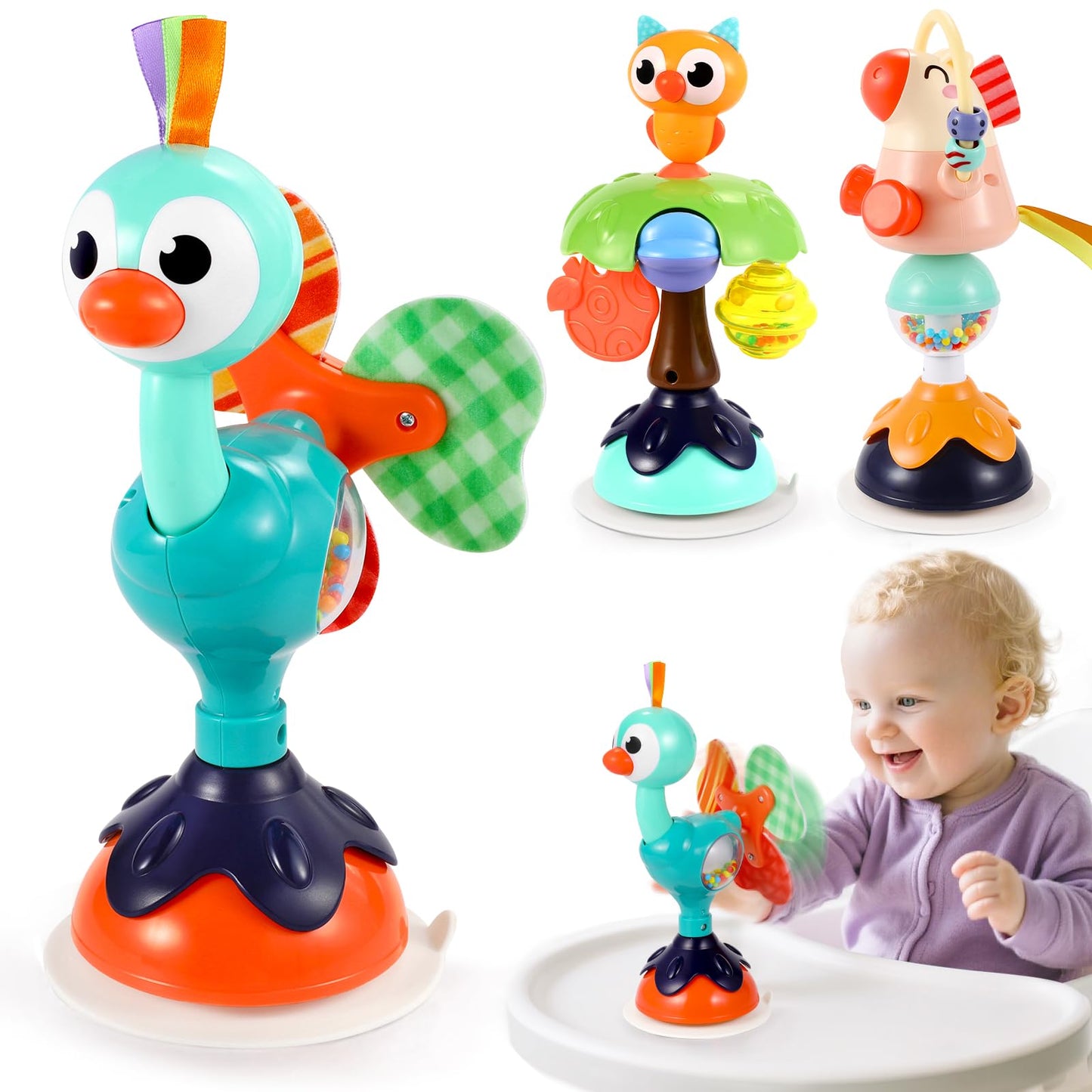 Baby Toys 6-12 Months Infant Toy Set of 3 High Chair Suction Cup Rattle Teething Toys for Babies 6 7 9 12-18 Months 2-in-1 Sensory Development Tray Toy Baby Gifts for Boys Girls