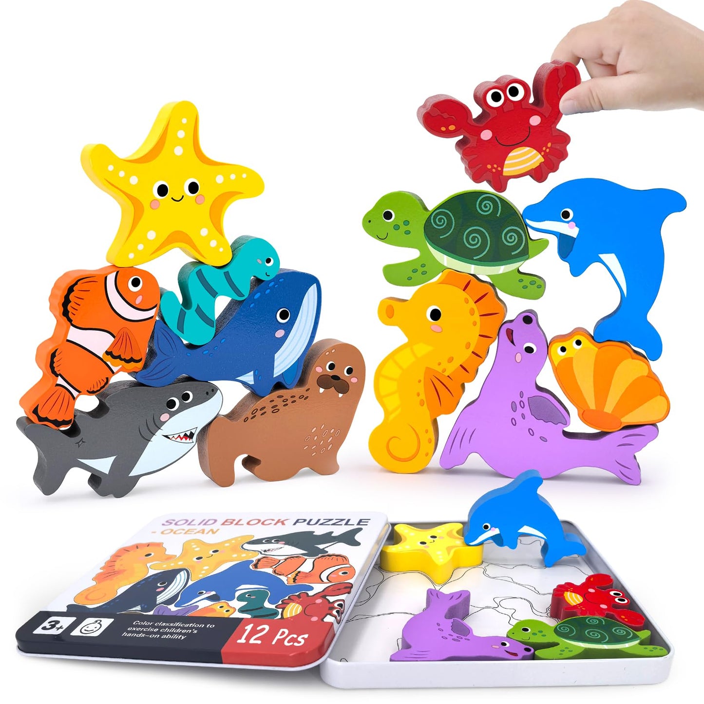 Wooden Animal Puzzles Toys for Toddlers,24 Pcs Farm and Safari Animal Figures,Animal Matching Sorting Stacking Toys for Boys Child Girls,Educational Learning Toys Gift for Kids