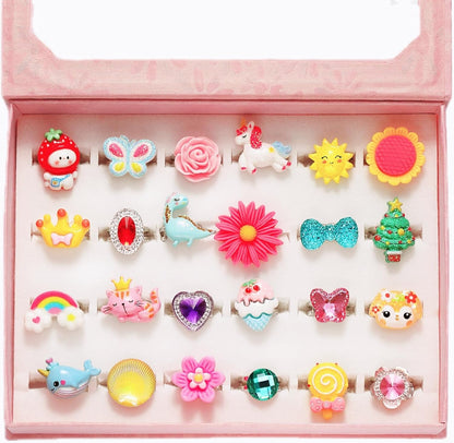 PinkSheep Little Girl Jewel Rings in Box, Adjustable, No Duplication, Girl Pretend Play and Dress Up Rings (24 Lovely Ring)