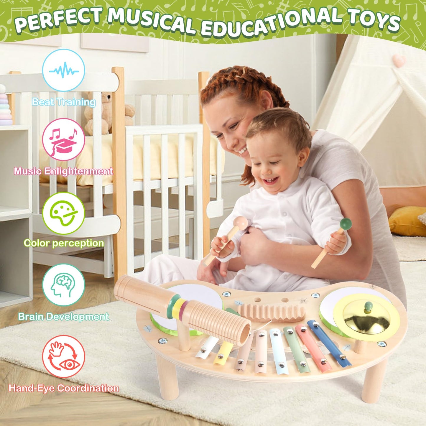 Asweets 7 in 1 Kids Drum Set for Toddlers Wooden Xylophone Musical Instruments Kit Play Set for Toddler Baby Drum Set Montessori Toys Sensory Toys Birthday Gifts for Girls Boys (Cloud)