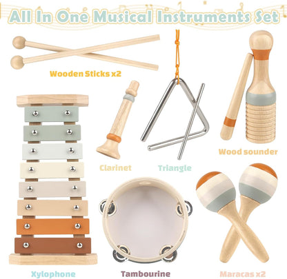 Musical Instruments - 6 in 1 Wooden Musical Toys for 2 3 Year Old Boy & Girls Birthday Gifts, Neutral Colors with Modern Boho Xylophone for Toddler Preschool Educational Toy for Baby 18+ Months