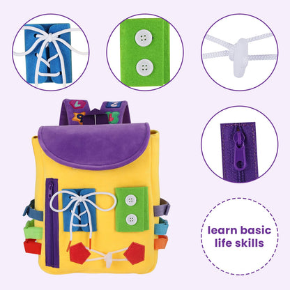 Busy Board - Toddler Backpack with Buckles and Learning Activity Toys - Develop Fine Motor Skills and Basic Life Skills - Learn to Tie Shoes - Children's Travel Toy