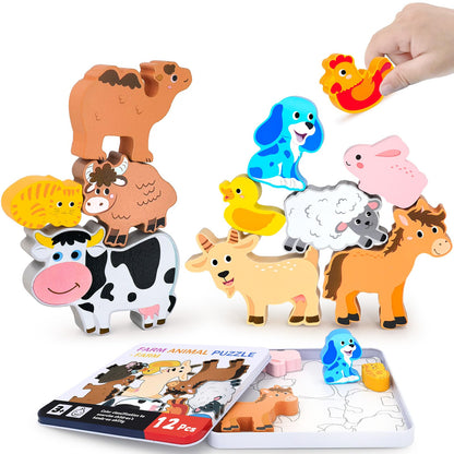 Wooden Animal Puzzles Toys for Toddlers,24 Pcs Farm and Safari Animal Figures,Animal Matching Sorting Stacking Toys for Boys Child Girls,Educational Learning Toys Gift for Kids