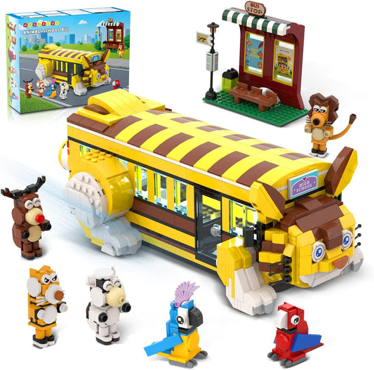 HOGOKIDS Cat School Bus Building Set with Light - 1319PCS City Bus Adventure Building Toy with 6 Animals & Station, Creative Cute Lion Parrots Elk Dairy Cow Tiger Blocks Playset Surprise Gift for Kids