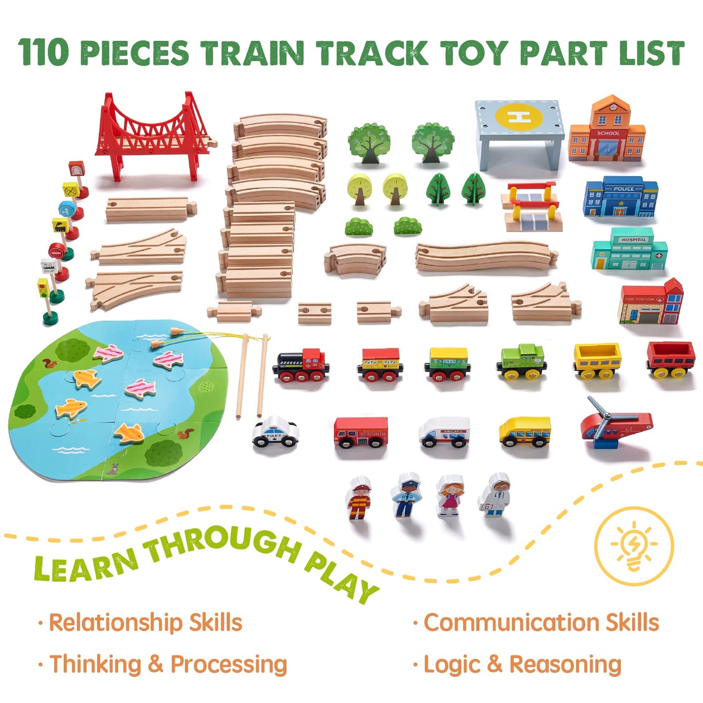 Tiny Land 110PCS Wooden Train Set