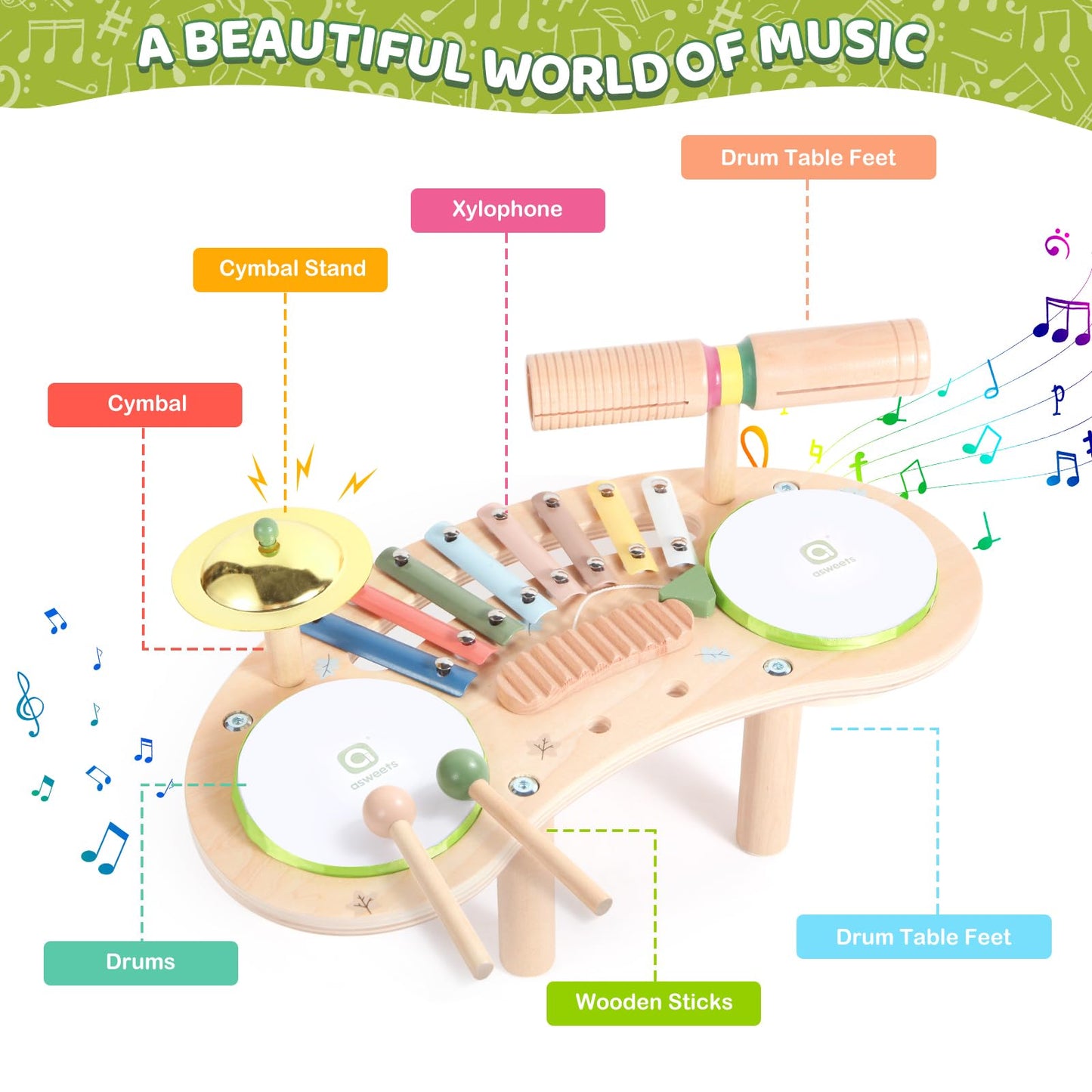 Asweets 7 in 1 Kids Drum Set for Toddlers Wooden Xylophone Musical Instruments Kit Play Set for Toddler Baby Drum Set Montessori Toys Sensory Toys Birthday Gifts for Girls Boys (Cloud)
