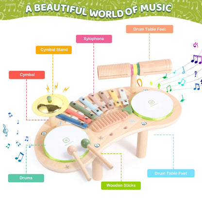 Asweets 7 in 1 Kids Drum Set for Toddlers Wooden Xylophone Musical Instruments Kit Play Set for Toddler Baby Drum Set Montessori Toys Sensory Toys Birthday Gifts for Girls Boys (Cloud)