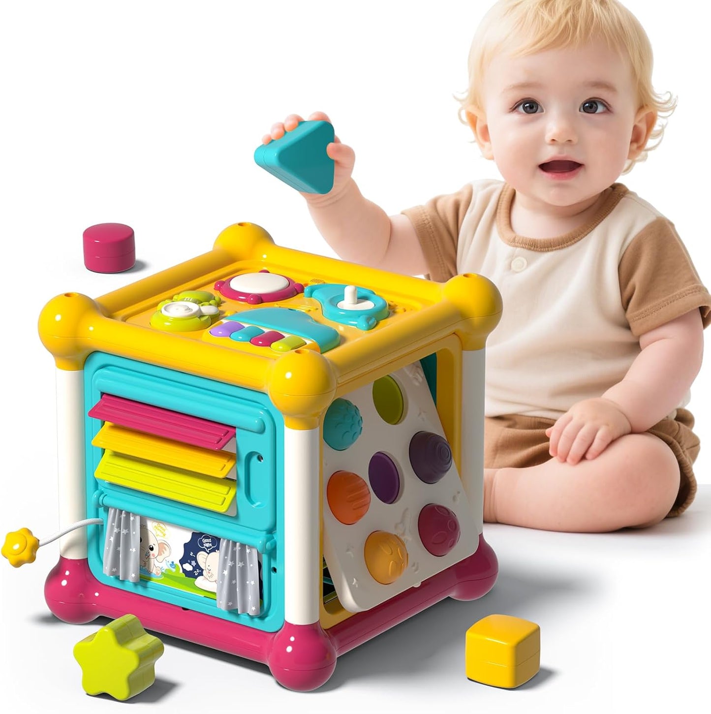 Baby Activity Cube, 6-in-1 Montessori Toys for 1-2 Year Old Boys and Girls, Multi Sensory Shape Blocks, Travel Music Toys for Toddlers 1-3
