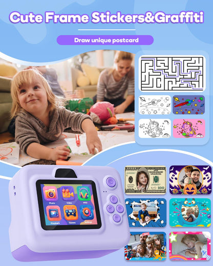 Kids Camera Instant Print,1080P Kids Instant Cameras That Print Photos,Christmas Birthday Gifts for Girls Age 3-12,Portable Toy for 3 4 5 6 7 8 9 10 Year Old Girls Boys Pink
