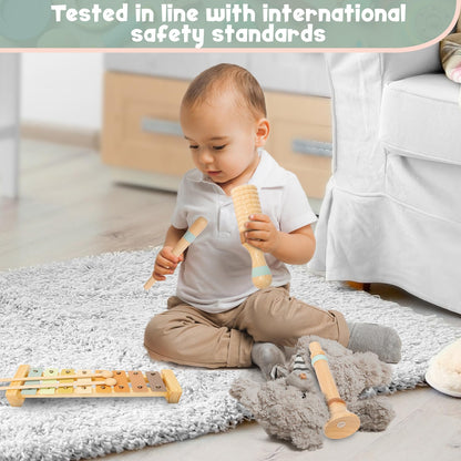 Stoie's Wooden Kids Musical Instruments for 3-9 Years Old, with Drum, Hand Bells, Flute, Maracas, Castanet, Tamburine, for Babies and Toddlers, Durable, Safe, Montessori Educational Toy, Storage Bag