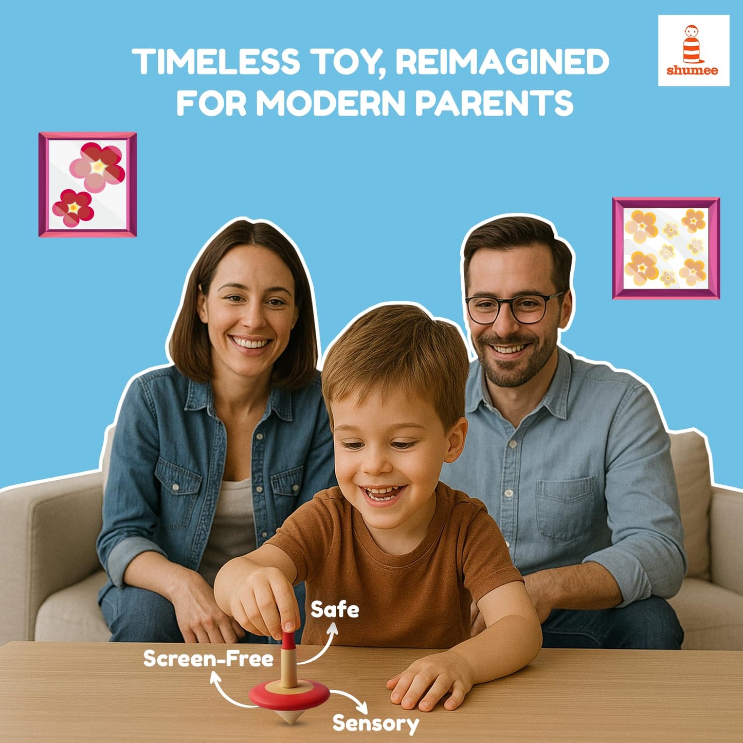 Shumee Spinning Tops for Kids 2 3 4 5+ Year Old, Set of 3 Wooden Montessori Toys, Improves Hand Eye Coordination, Great for Sensory Play, Eco-Friendly 100% Child Safe (Red/Blue/Yellow)