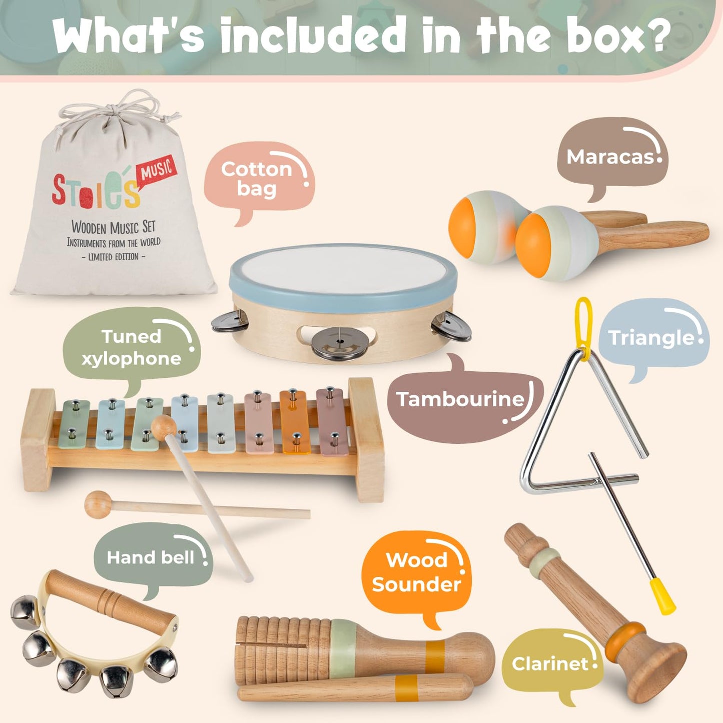 Stoie's Wooden Kids Musical Instruments for 3-9 Years Old, with Drum, Hand Bells, Flute, Maracas, Castanet, Tamburine, for Babies and Toddlers, Durable, Safe, Montessori Educational Toy, Storage Bag