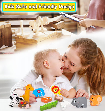 Wooden Animal Puzzles Toys for Toddlers,24 Pcs Farm and Safari Animal Figures,Animal Matching Sorting Stacking Toys for Boys Child Girls,Educational Learning Toys Gift for Kids