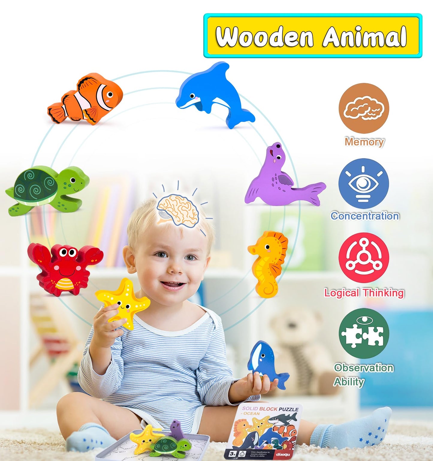 Wooden Animal Puzzles Toys for Toddlers,24 Pcs Farm and Safari Animal Figures,Animal Matching Sorting Stacking Toys for Boys Child Girls,Educational Learning Toys Gift for Kids