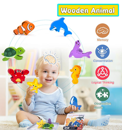 Wooden Animal Puzzles Toys for Toddlers,24 Pcs Farm and Safari Animal Figures,Animal Matching Sorting Stacking Toys for Boys Child Girls,Educational Learning Toys Gift for Kids