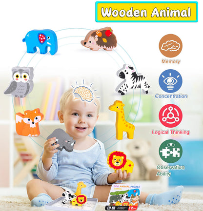 Wooden Animal Puzzles Toys for Toddlers,24 Pcs Farm and Safari Animal Figures,Animal Matching Sorting Stacking Toys for Boys Child Girls,Educational Learning Toys Gift for Kids